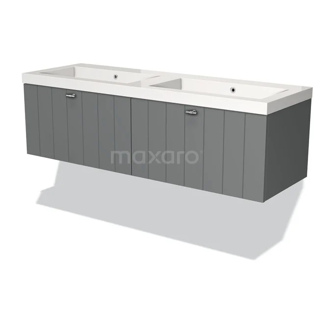 Grijze dubbele wastafel met moderne verticale lijnen, hangend badkamermeubel, met witte keramische wasbak, stijlvol design.