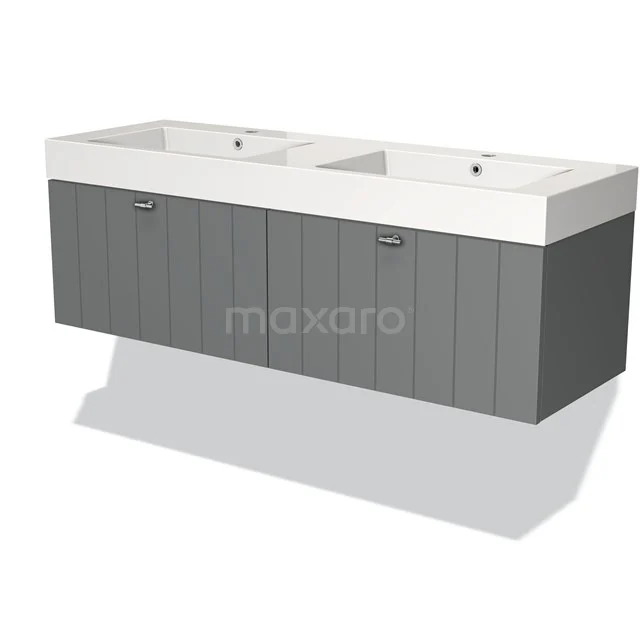Grijze dubbele wastafelmeubel met witte keramische wastafel, moderne look, ideaal voor een ruime badkamer.