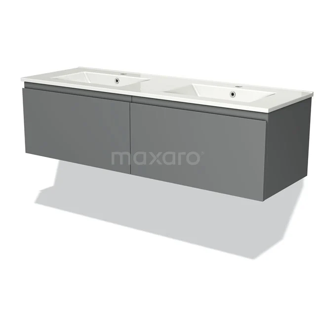 Grey floating bathroom furniture set with double basin worktop, ceramic and sleek modern finish.