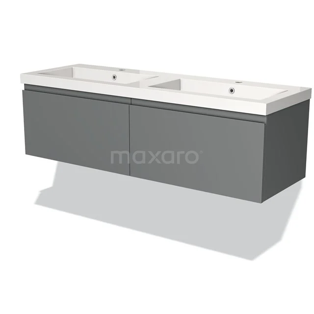Donkergrijze zwevende badkamerkast met dubbel wastafelblad van keramiek, ideaal voor een moderne badkamer.