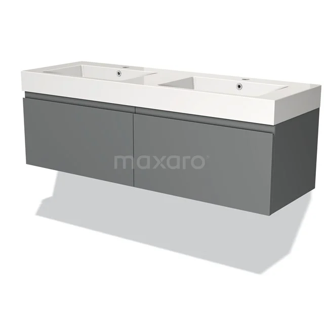 Grijze dubbele wastafelmeubel met witte keramische wasbak, modern design, ideaal voor een stijlvolle badkamer.