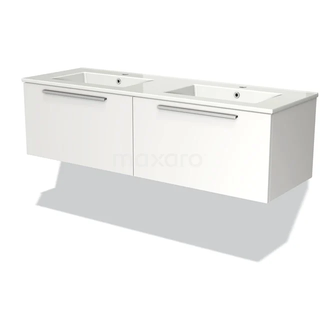 Weiße Doppelwaschbecken aus Keramik mit schwebenden Badmöbeln und metallischen Haltegriffen, modernes Design für ein stilvolles Badezimmer.