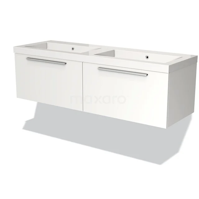 Wit, modern hangend badkamermeubel met dubbele wastafel, strak design en geïntegreerde metalen handgrepen.
