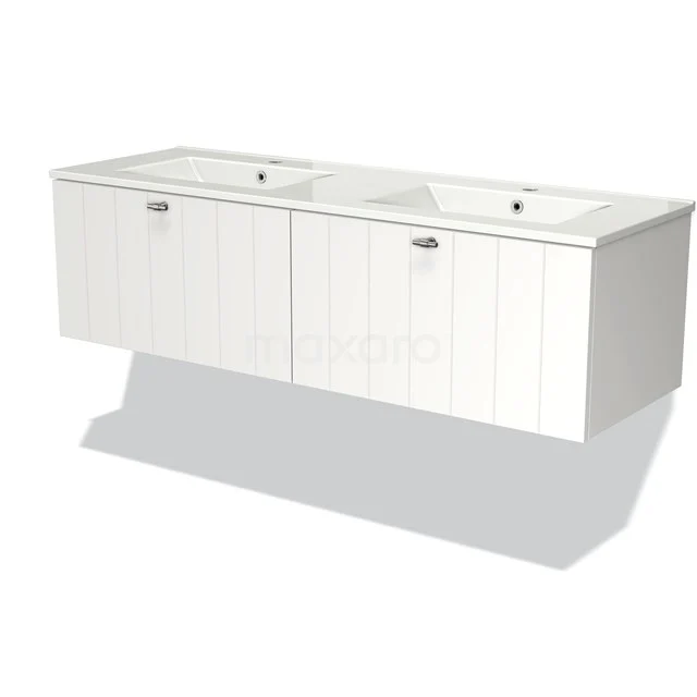 Modulo Vanity units with basin | 140 cm Matte white Slat front Ceramic 2 Side-by-side drawers BMW12-00452 White wooden bathroom unit with two vanity units with basins, modern design, ideal for spacious bathrooms.