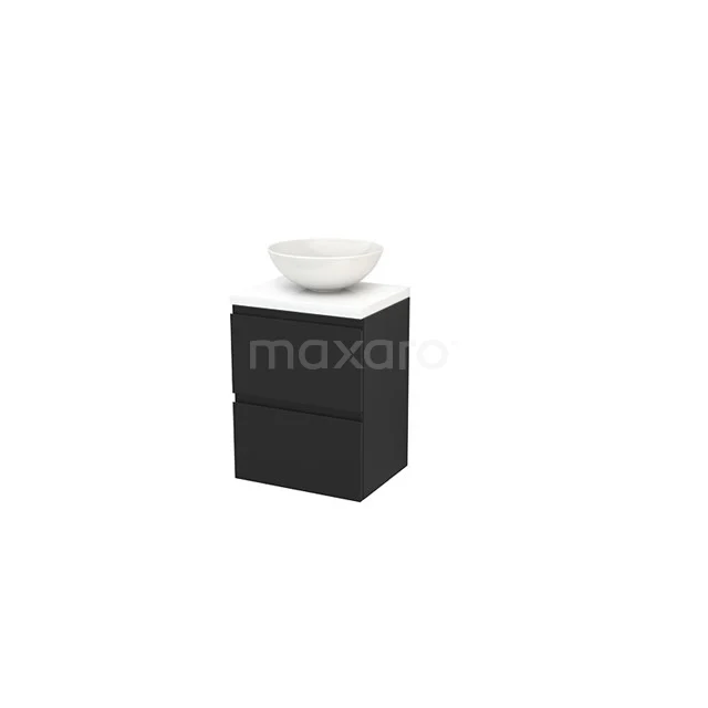 Black bathroom cabinet with white basin, compact design, sleek modern design and suitable for small bathrooms.