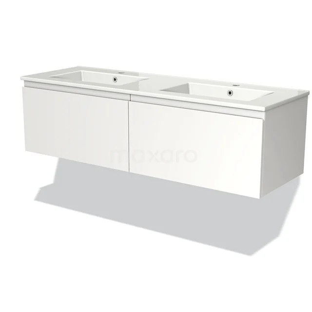 Wit wandgemonteerd badkamermeubel met dubbele keramische wastafel en soft-close lades, strak en modern design.