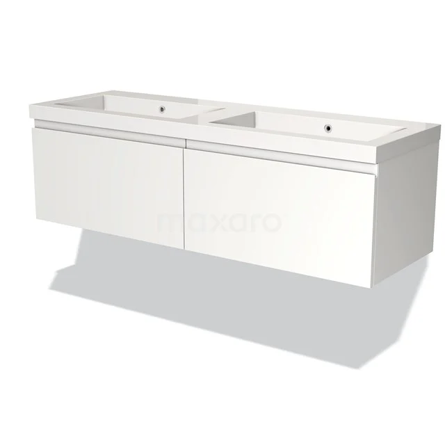 Witte, zwevende badkamermeubelset met dubbele wastafel, strak design en opbergruimtes. Perfect voor moderne badkamers.