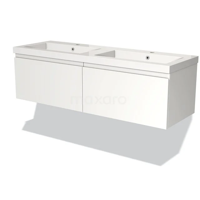 Wit, dubbel wastafelmeubel met twee geïntegreerde wasbakken; strak design, wandmontage, ideaal voor moderne badkamers.
