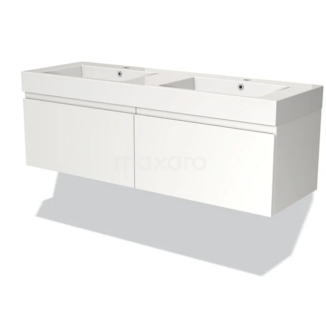 Wit, zwevend badkamermeubel met dubbele wastafel, strak design en ruime opberglades, ideaal voor moderne badkamers.
