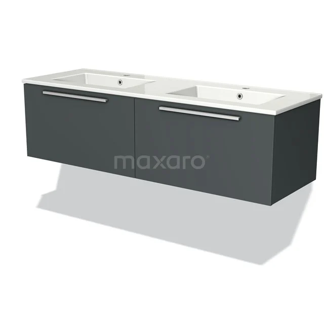Grijze zwevende badkamermeubel met dubbele witte wastafel, strakke metalen handgrepen en modern design.
