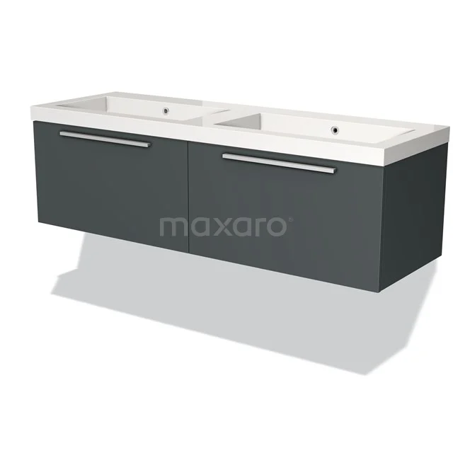 Donkeregrijze badkamermeubelset met dubbele wasbak, strakke handgrepen en modern design, ideaal voor stijlvolle badkamers.