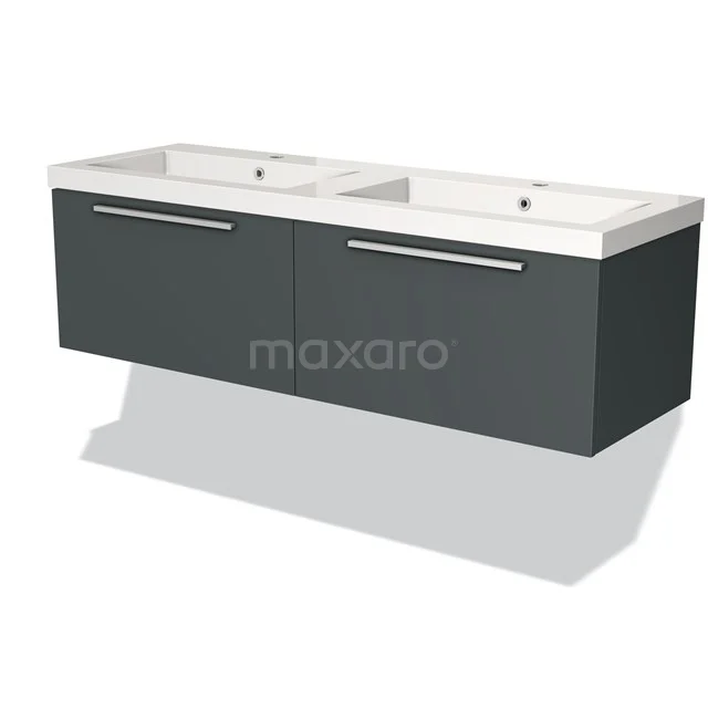 Donkergrijze dubbele wastafelmeubel met witte keramische wasbak, strak design, perfect voor moderne badkamers.
