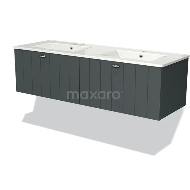 Antraciet badkamermeubel met dubbele wastafel, strak ontwerp en verticale lijnen, ideaal voor een moderne badkamer.