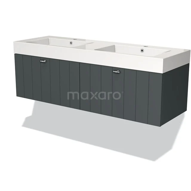 Dubbele wastafel met metalen onderkast, donkergrijze verticale strepen, modern badkamerdesign.