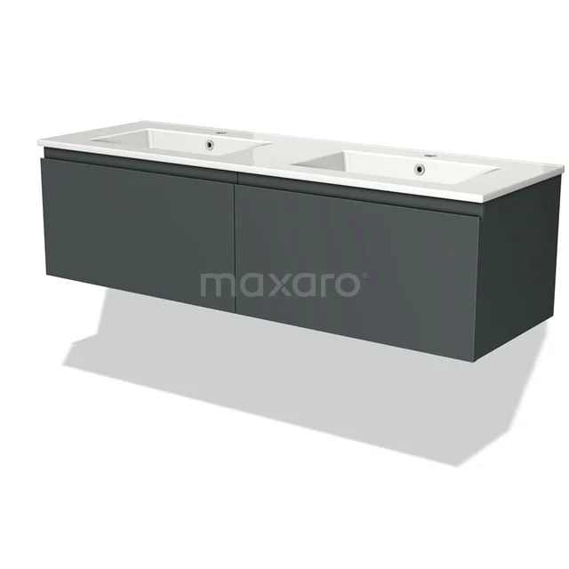 Zwevend badkamermeubel met dubbele wastafel, antraciet kleur, modern design, ideaal voor een ruime badkamer inrichting.
