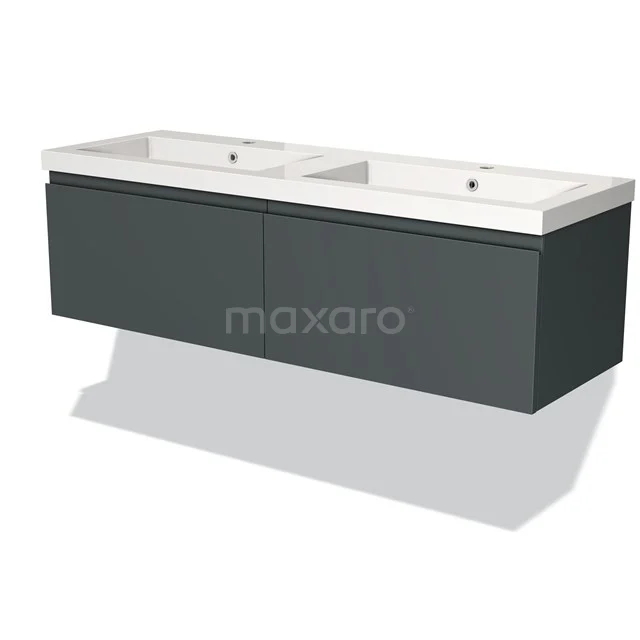 Grijze hangende badkamermeubel met dubbele wastafel, strak design, ideaal voor moderne badkamerinrichting.