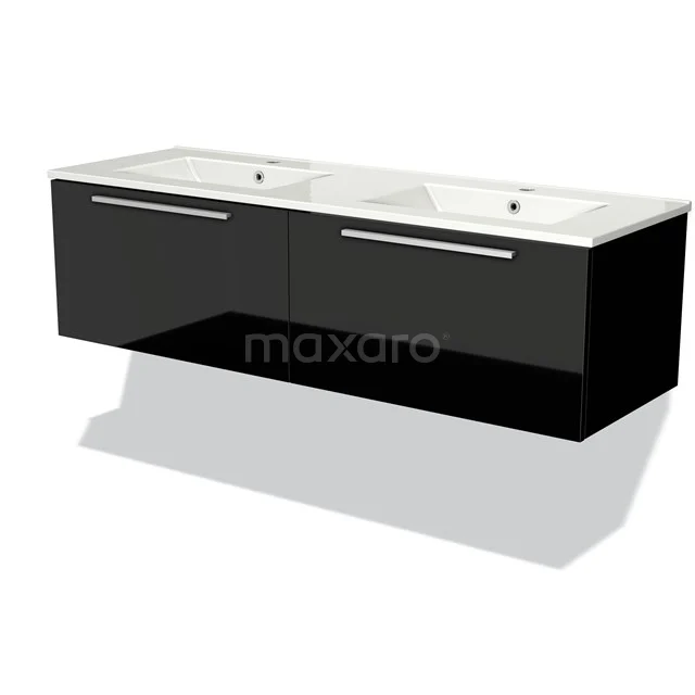 Black double basin with glossy drawers, wall-mounted, modern design, suitable as a bathroom unit.
