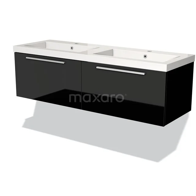Dubbele zwarte badkamerkast met hoogglans afwerking, twee wasbakken en moderne chrome handgrepen.