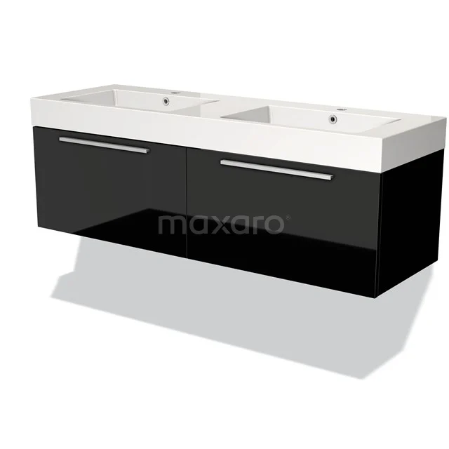 Dubbele zwarte wastafelmeubel met hoogglans finish, geïntegreerd wit keramisch blad, perfect voor moderne badkamers.