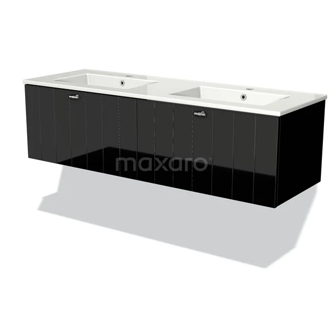 Floating vanity unit high-gloss black bathroom unit with double basin, modern design, ideal for stylish bathroom spaces.