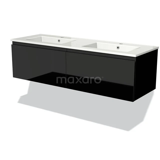 Schwarzes, glänzendes Doppelwaschbecken mit keramischem Waschbecken, modernes Badmöbel für funktionale und stilvolle Bäder.