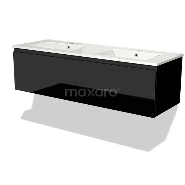 Zwart hangend badkamermeubel met dubbele witte wastafel, moderne afwerking en glanzende panelen, ideaal voor luxe badkamers.