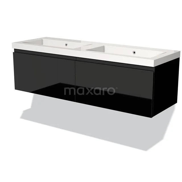Zwevend zwart badkamermeubel met dubbele wastafel, glanzende afwerking en moderne minimalistische uitstraling.