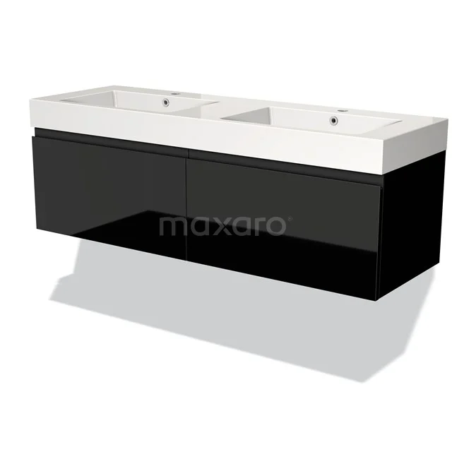 Zwart glanzend badkamermeubel met dubbele wastafel, strakke vormgeving, ideaal voor moderne badkamers.