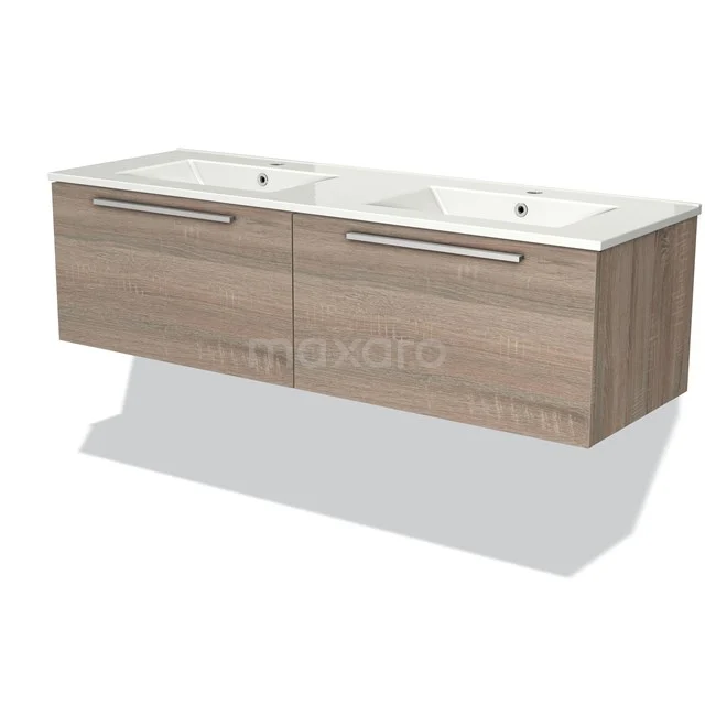 Zweites Waschbeckenmöbel in Holzoptik mit Doppelwaschbecken, ideal für Badezimmerlagerung und moderne Einrichtung.