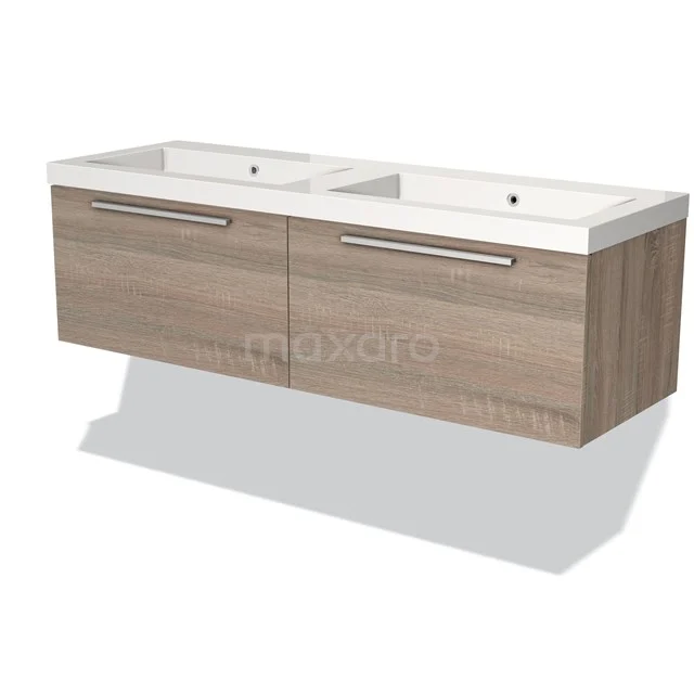 Houten badkamermeubel met dubbele wastafel, modern design, lichte houtkleur en metalen grepen, ideaal voor stijlvolle badkamers.
