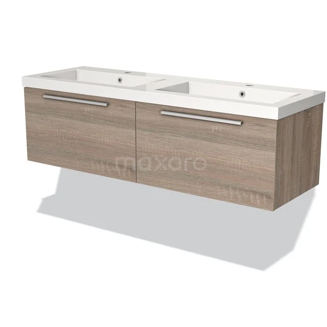 Houten badmeubel met twee witte wastafels, hangend ontwerp, voorzien van strakke metalen grepen en modern badkamerdesign.