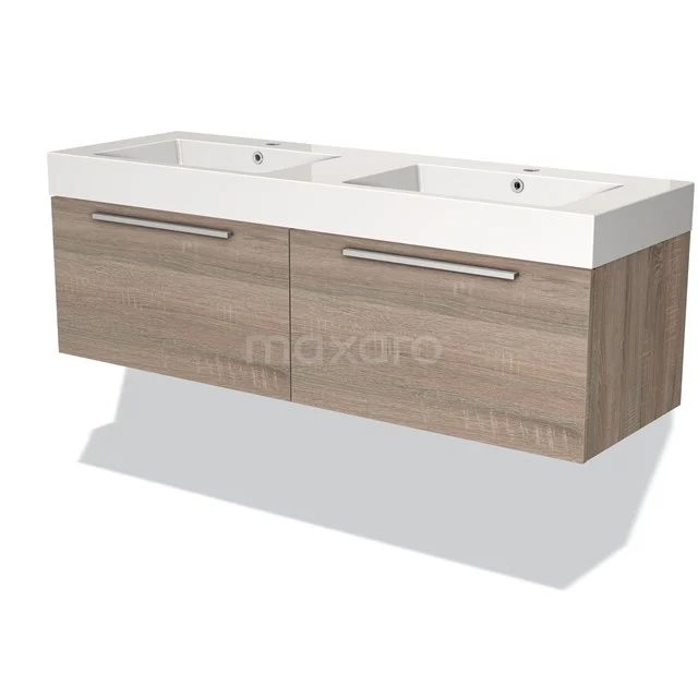 Houten badkamermeubel met dubbele wastafel, licht eiken finish, strak modern design voor stijlvolle badkamerinrichting.