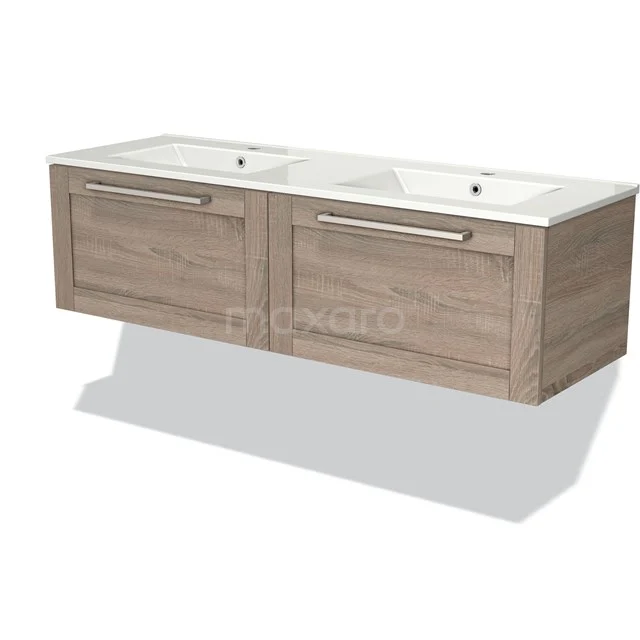 Wooden bathroom unit with double basin, modern design, hanging model, beige wood look, ideal for stylish bathrooms.