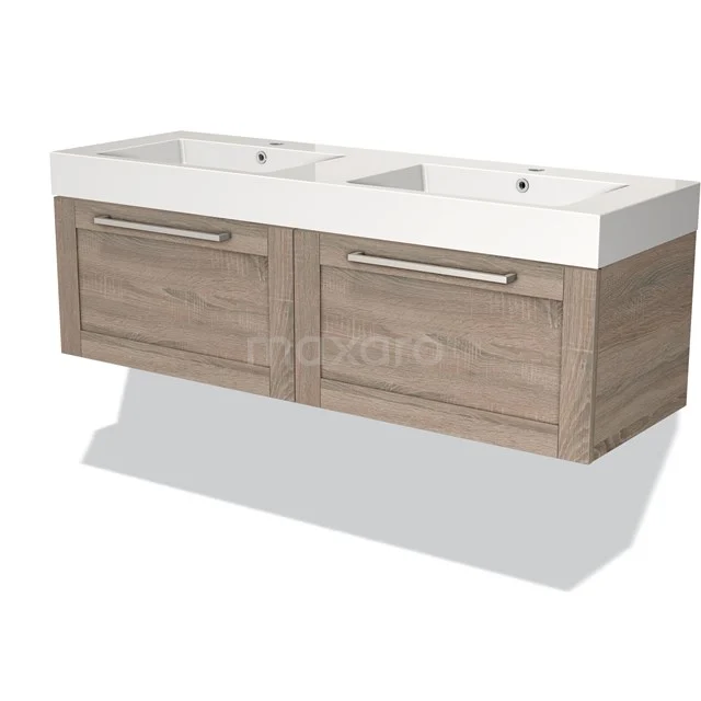 Double basin with wooden lower cabinet in walnut colour, modern vanity units with integrated handles.