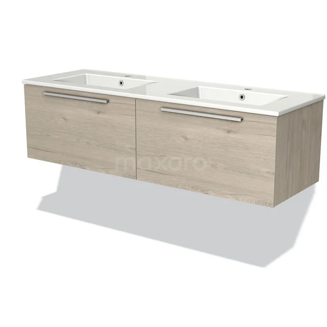 Modern badkamermeubel met dubbele wastafel, licht houtdecor en witte keramische wasbakken, perfect voor stijlvolle badkamers.