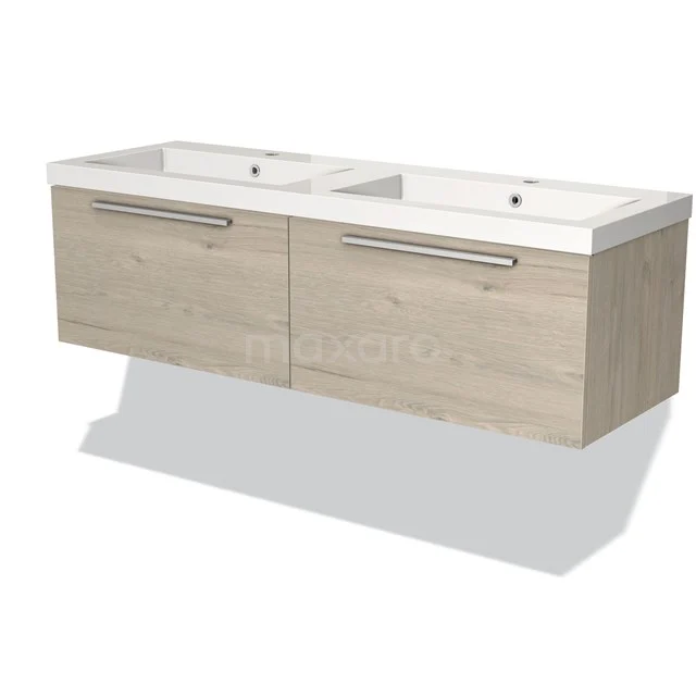 Houten badkamermeubel met dubbele wastafel, modern design en ladegrepen, ideaal voor stijlvolle en functionele badkamers.