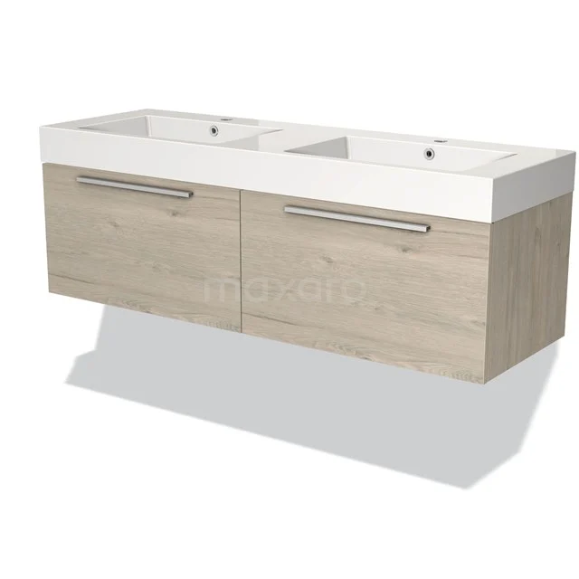 Dubbele wastafel met houtlook onderkast, modern design, ideaal voor een stijlvolle badkamer.