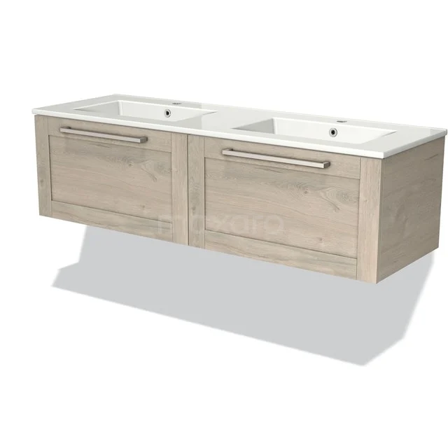 Wooden bathroom unit with double basin, modern hanging finish, light oak finish, ideal for bathroom storage.