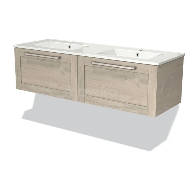Wooden double basin with two drawers, oak look, modern design, perfect for stylish bathroom design.
