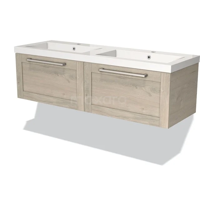 Holz-Badmöbel mit doppeltem weißen Waschbecken, hängendem Design und metallischen Haltegriffen; modern und nachhaltig.