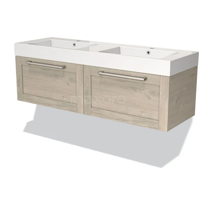 Wooden double vanity unit with two white ceramic sinks, ideal for a modern bathroom design.