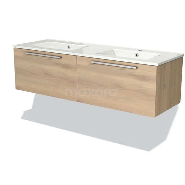 Houten badkamermeubel met dubbele wastafel, eikenlook, modern design, ideaal voor ruime badkamers.