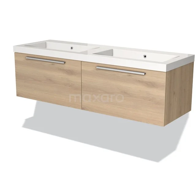 Houten badkamermeubel met dubbele wastafel, modern design, eikenlook, wandmodel met geïntegreerde handgrepen.