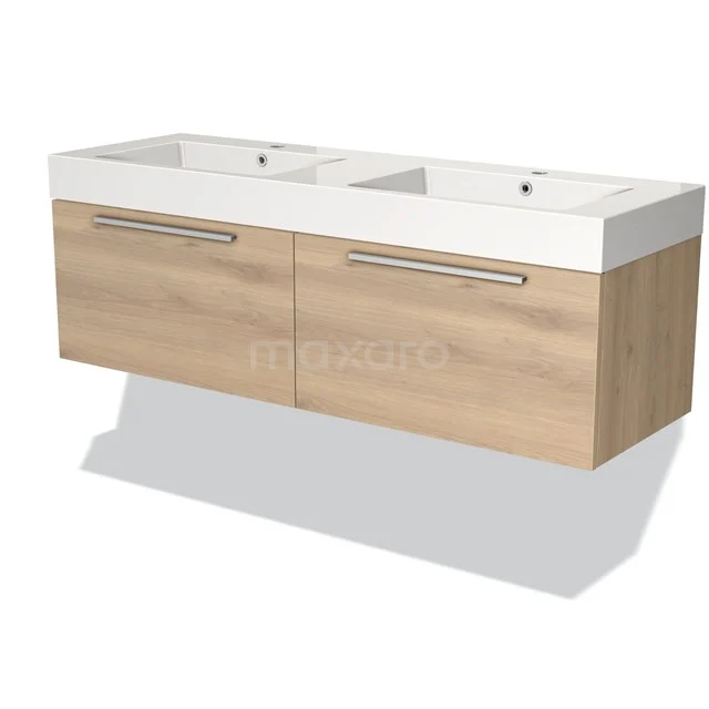 Badmöbel 140cm Modulo Hellbraune Eiche 2 Schubladen Flaches Waschbecken Mineralguss BMW12-00527 Holz Doppelbadmöbel mit weißen keramischen Waschbecken, platzsparend und modernes Design, ideal für stilvolle Bäder.