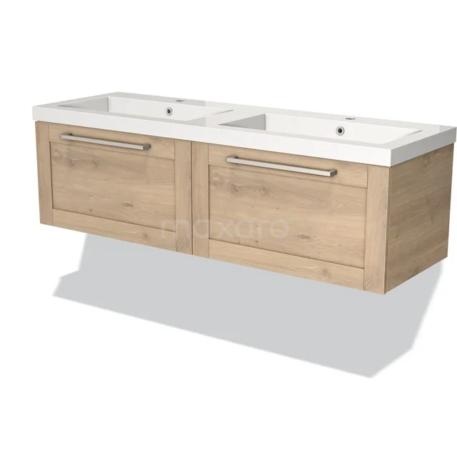 Modulo Bathroom furniture with sink | 140 cm Light brown oak Frame front Mineral marble 2 Side-by-side drawers BMW12-00532 Wooden Bathroom unit with double basin, light oak colour, sleek design and modern handles for a stylish bathroom.