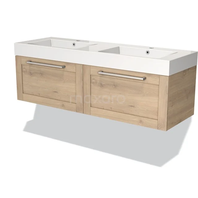 Wooden vanity unit with double white ceramic basin, soft-close drawers and modern design for a stylish bathroom.
