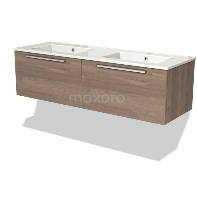 Houten badkamermeubel met dubbele wastafel en chrome handgrepen, moderne wandmontage, ideaal voor stijlvolle badkamers.