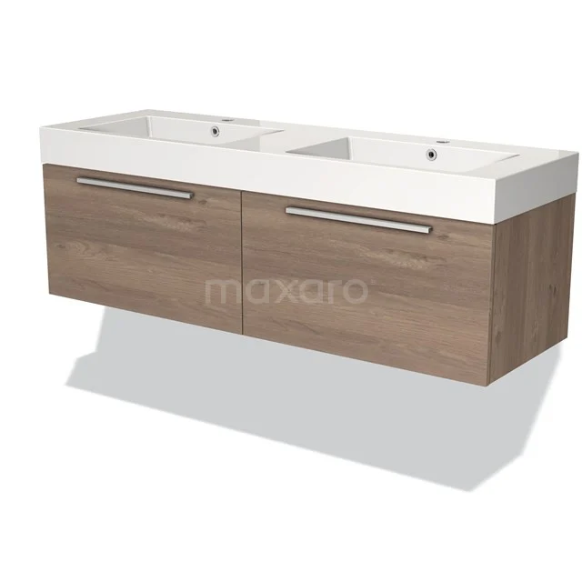 Houten badkamermeubel met dubbele wastafel en moderne ladengrepen, ideaal voor stijlvolle en functionele badkamerinrichting.