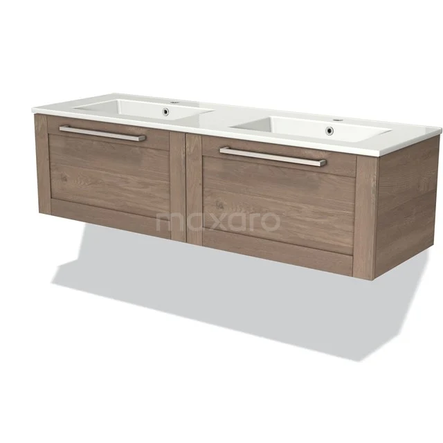 Modulo Bathroom furniture with sink | 140 cm Mid brown oak Frame front Ceramic 2 Side-by-side drawers BMW12-00541 Wooden vanity units with double white basin, modern wall model, suitable for stylish and functional bathroom design.