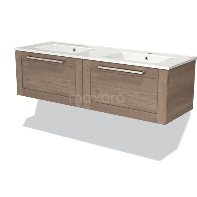 Modern bathroom furniture set with double basin, wood-look finish and white ceramic, ideal for spacious bathrooms.